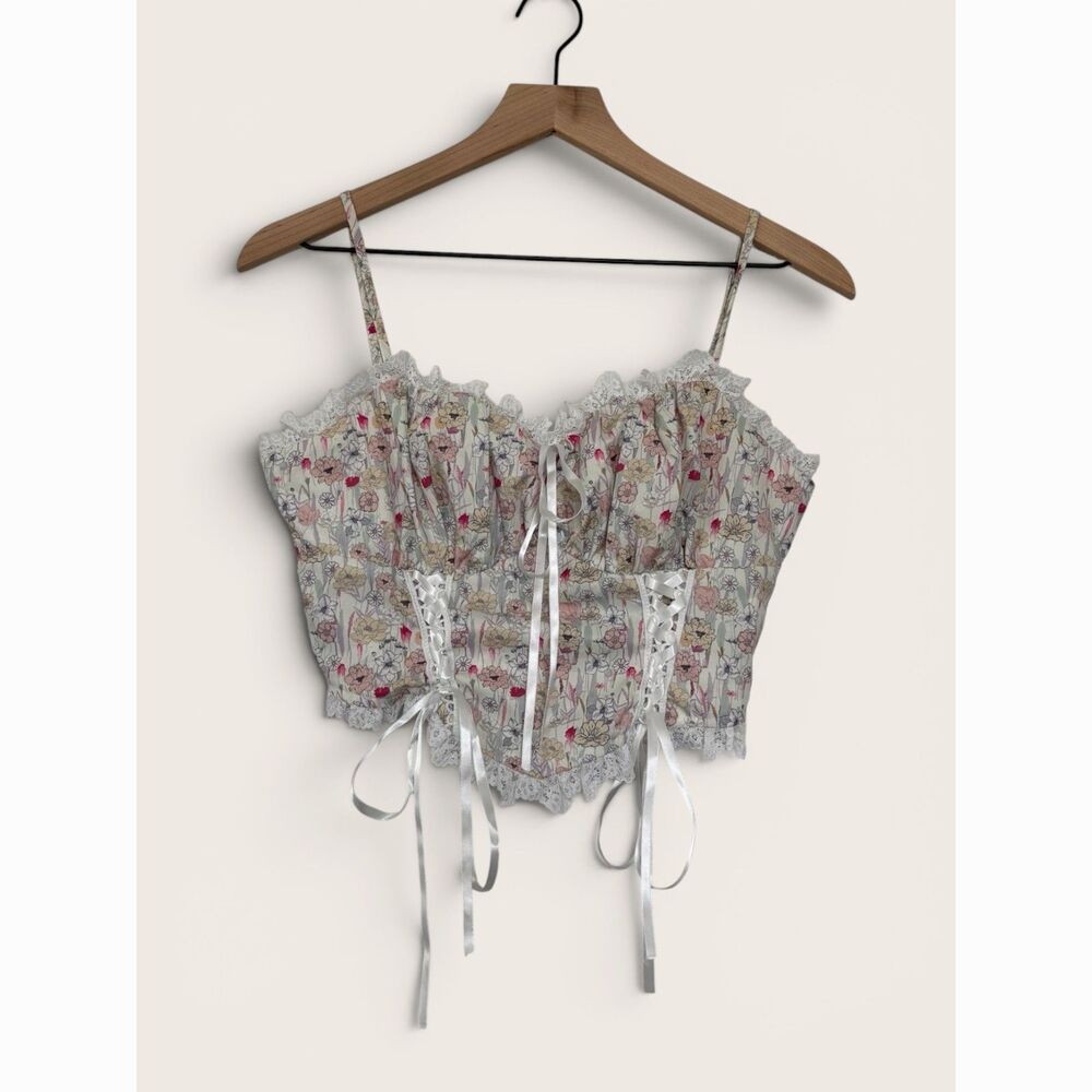 Fairycore Renfaire Lace-Up Floral Lace Corset Bustier Ruched Back Size XS/S